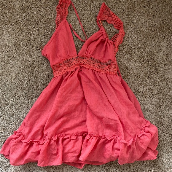 Pink crochet trim backless lined flare dress - Picture 4 of 7